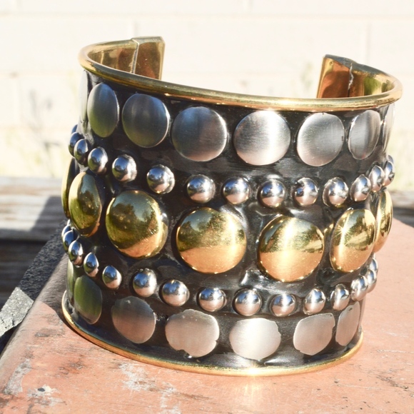 Biker Cuff Silver Brass Wide Bracelet Stud Studded - Picture 2 of 8